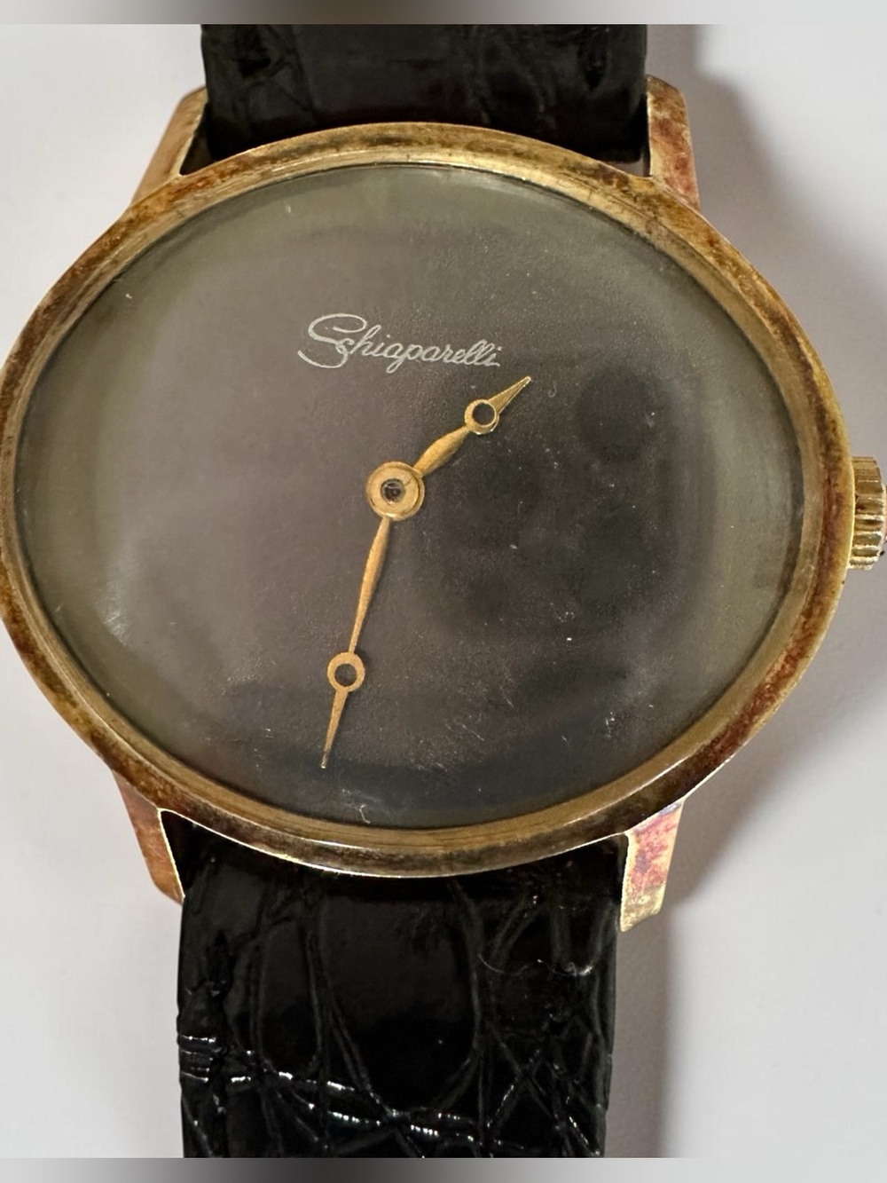 Vintage Schiaparelli Mechanical Watch Black Dial Cabochon Crown - Working